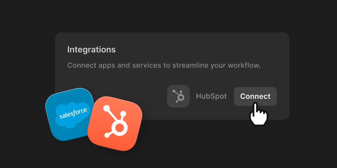 Interface showing integrations with Salesforce and HubSpot, with a cursor clicking the Connect button for HubSpot.